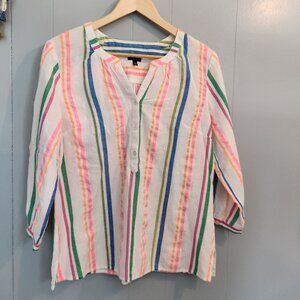 Talbots Petite neon stripe mandarin collar 3/4 sleeve blouse top shirt tunic